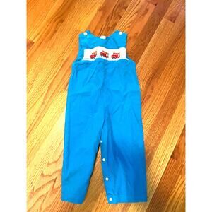 Beth Terrell bright blue corduroy john john with smocked bodice fire trucks 2